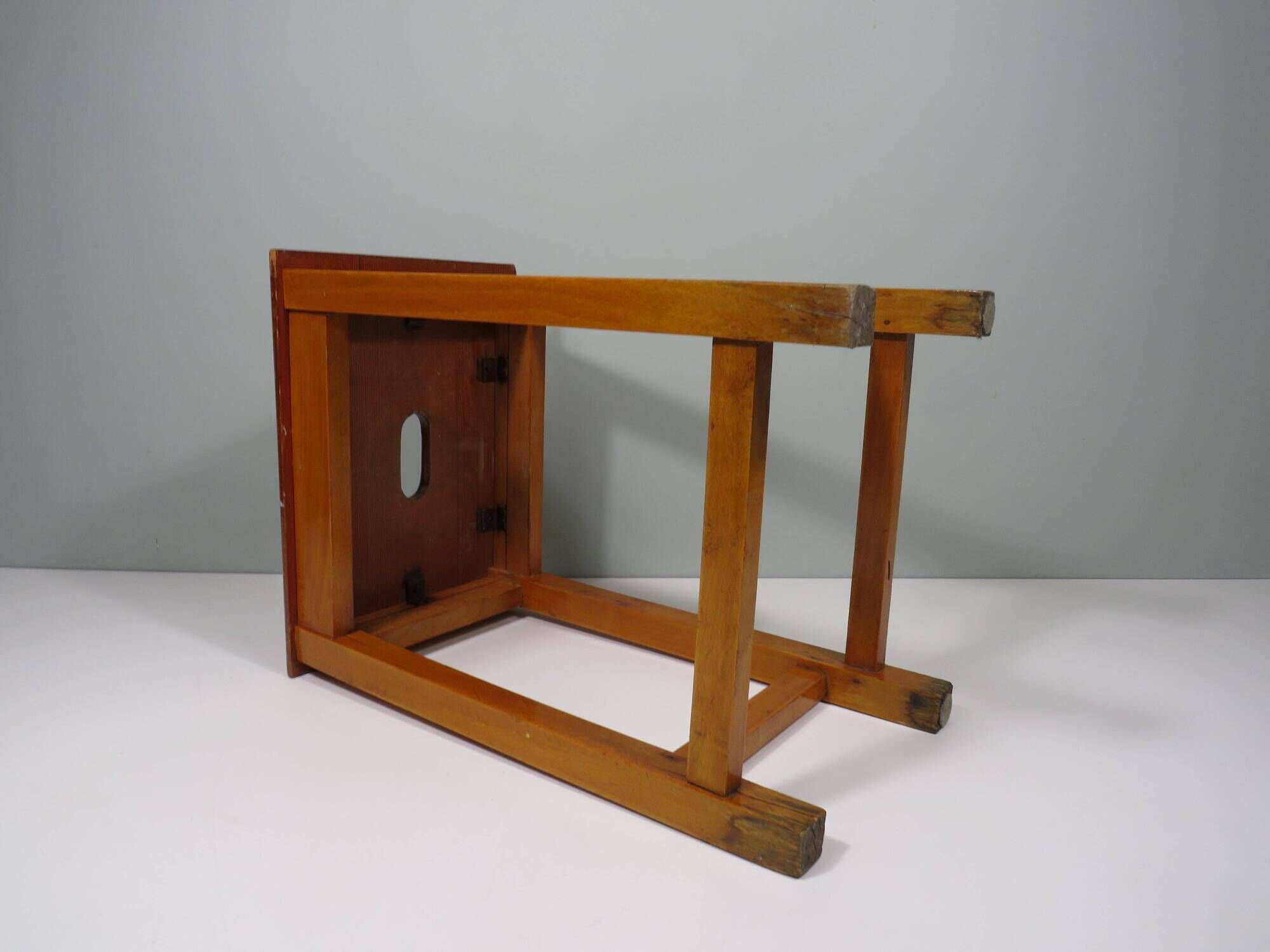 Vintage handmade workshop stool with handle, Belgium 1960