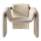Sculptural lounge armchair in ecru boucle fabric with solid wood details.