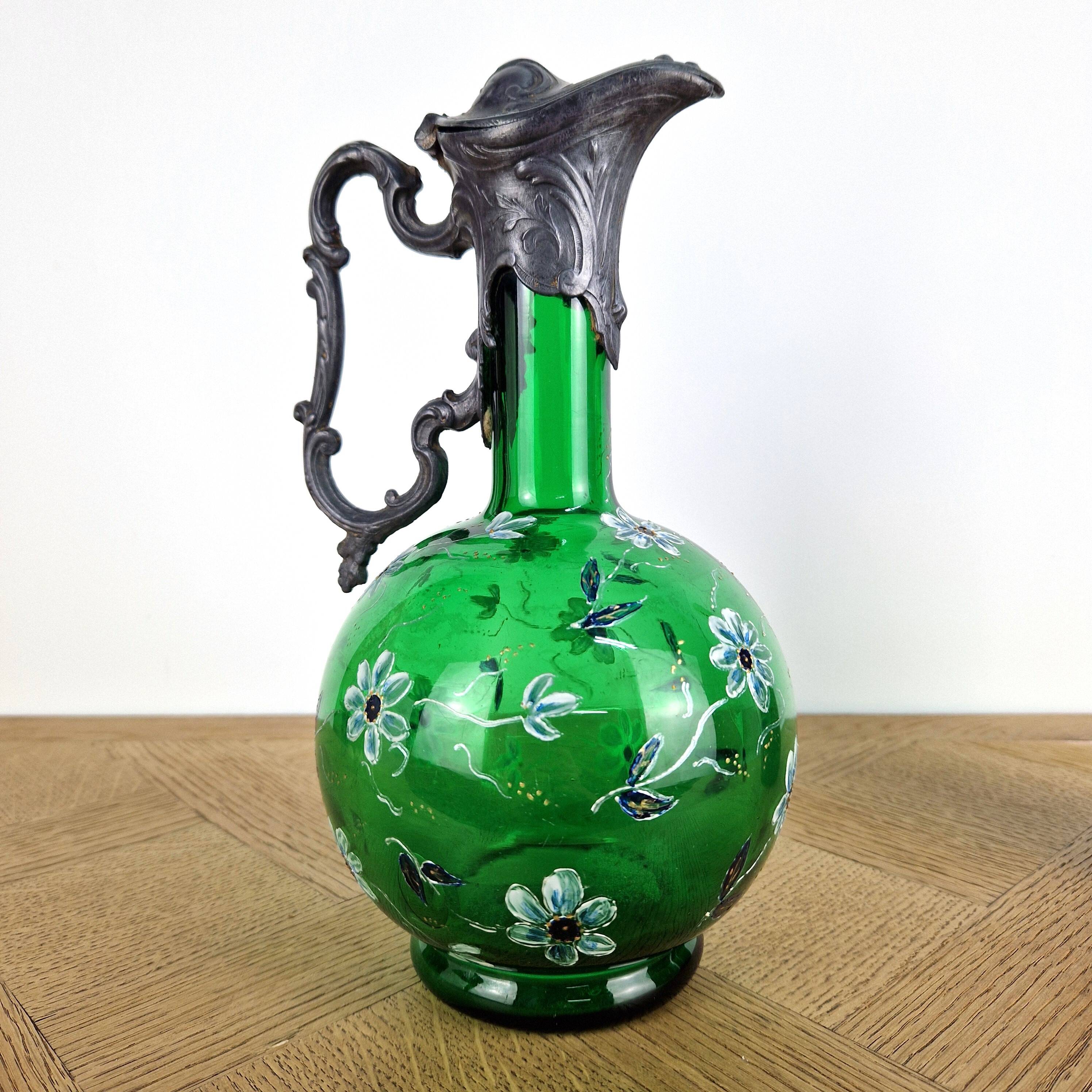 Antique Art Nouveau carafe - Bird jug enamelled glass