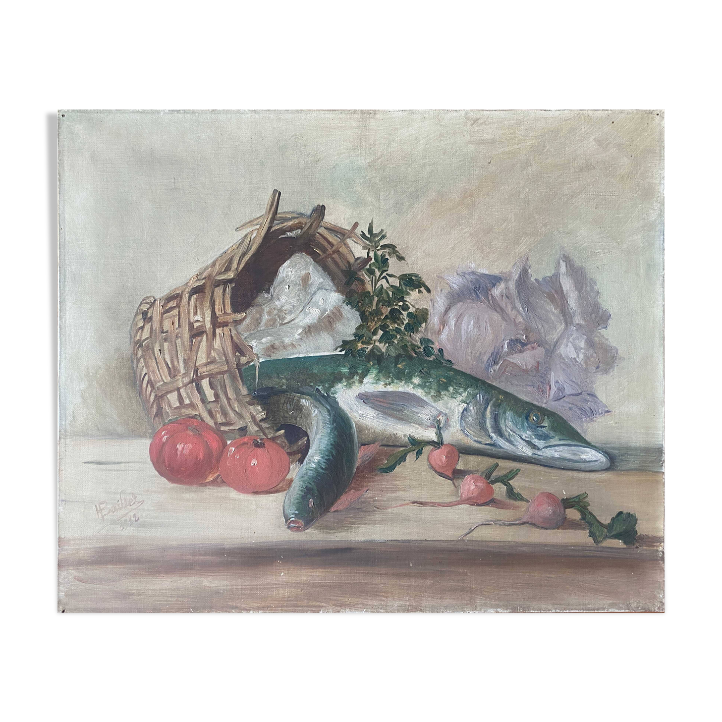 HST painting "Still life with basket and pike" signed H. Baillet 1912
