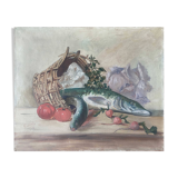 HST painting "Still life with basket and pike" signed H. Baillet 1912