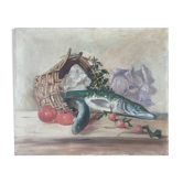 HST painting "Still life with basket and pike" signed H. Baillet 1912