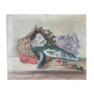 HST painting "Still life with basket and pike" signed H. Baillet 1912