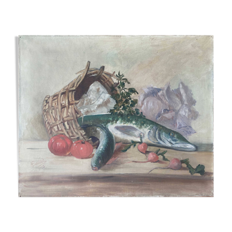 Tableau HST "Nature morte au panier et brochet" signé H. Baillet 1912