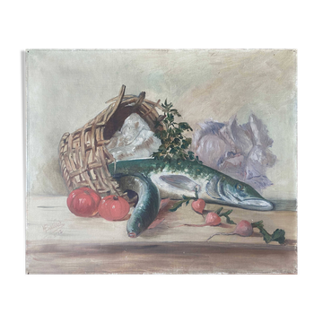 HST painting "Still life with basket and pike" signed H. Baillet 1912