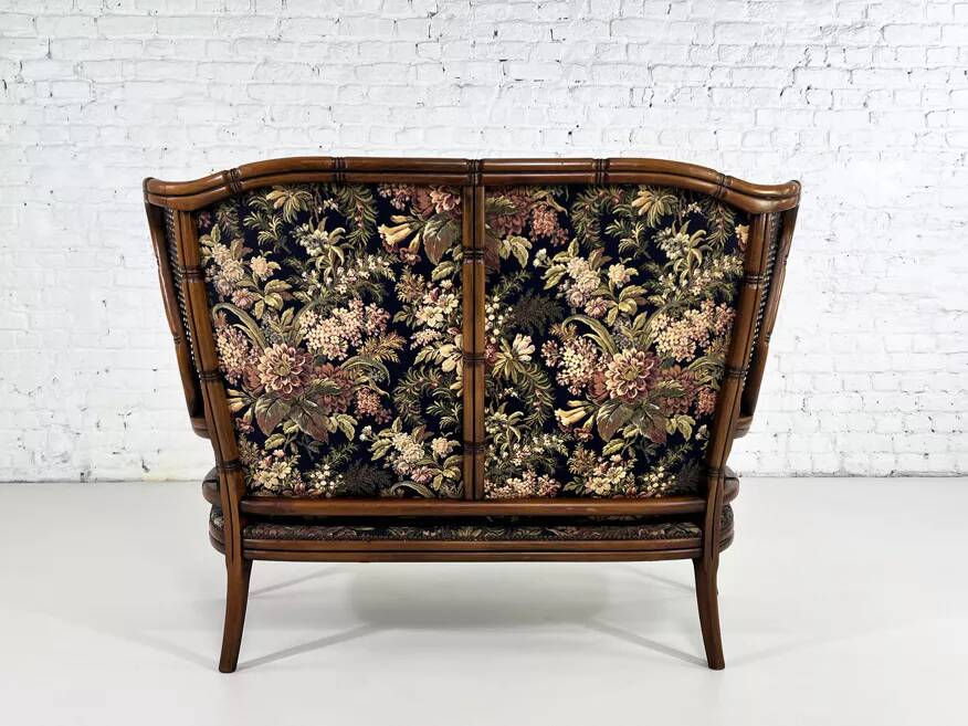 Wingback 2-seater sofa in carved wood, cane and fabric