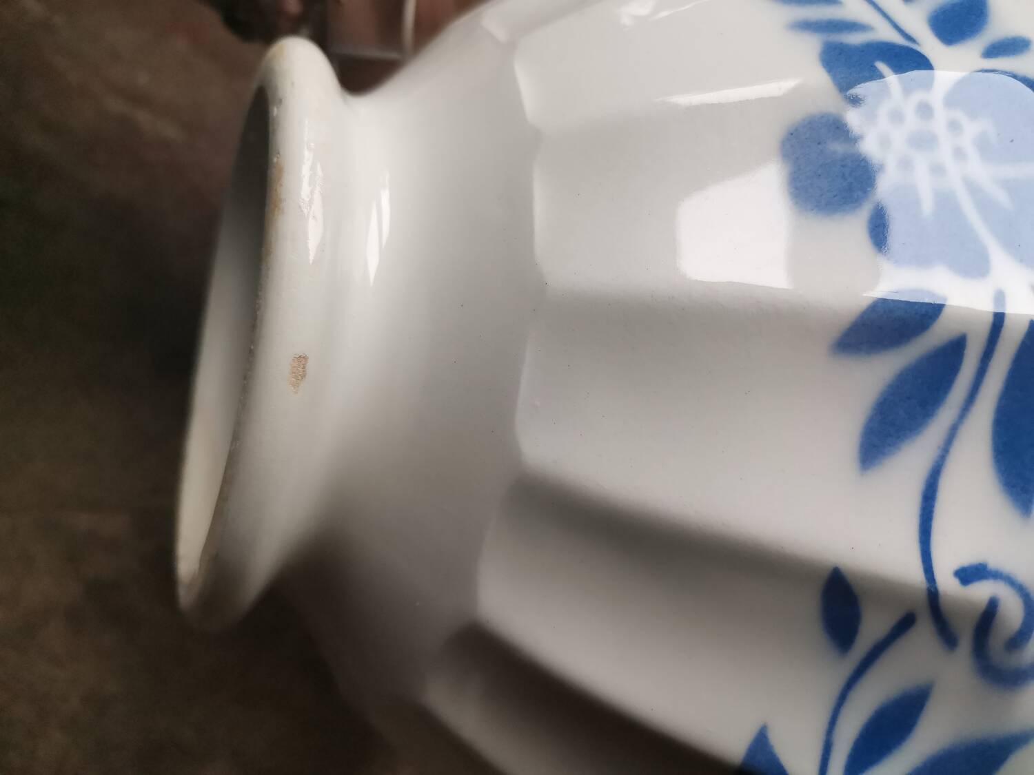 Large vintage fluted bowl with blue flower pattern