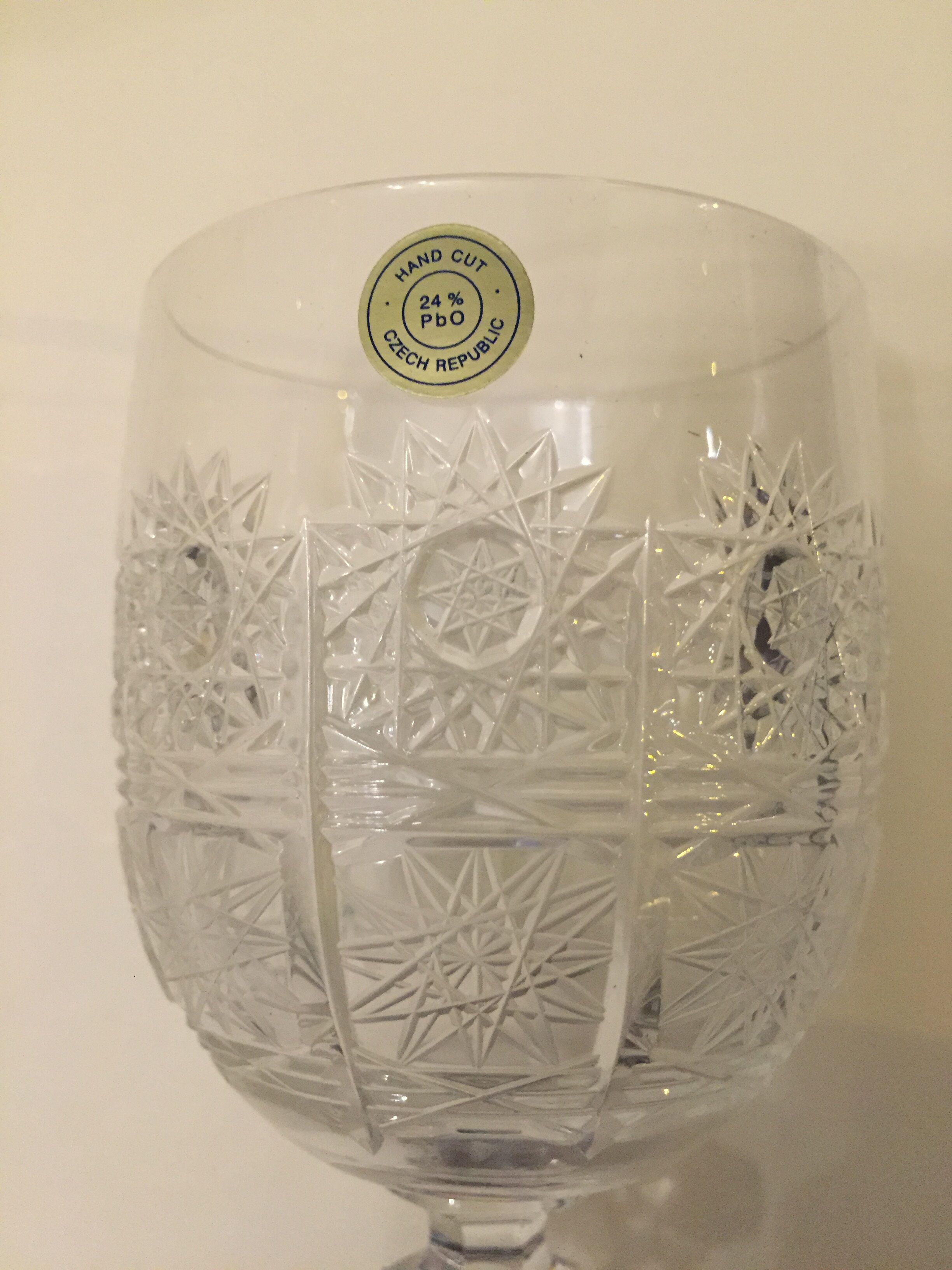 Set of six bohemian crystal wine glasses