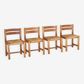Set of 4 Maison Regain chairs in elm, Mid Century 60s