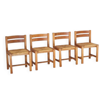 Set of 4 Maison Regain chairs in elm, Mid Century 60s