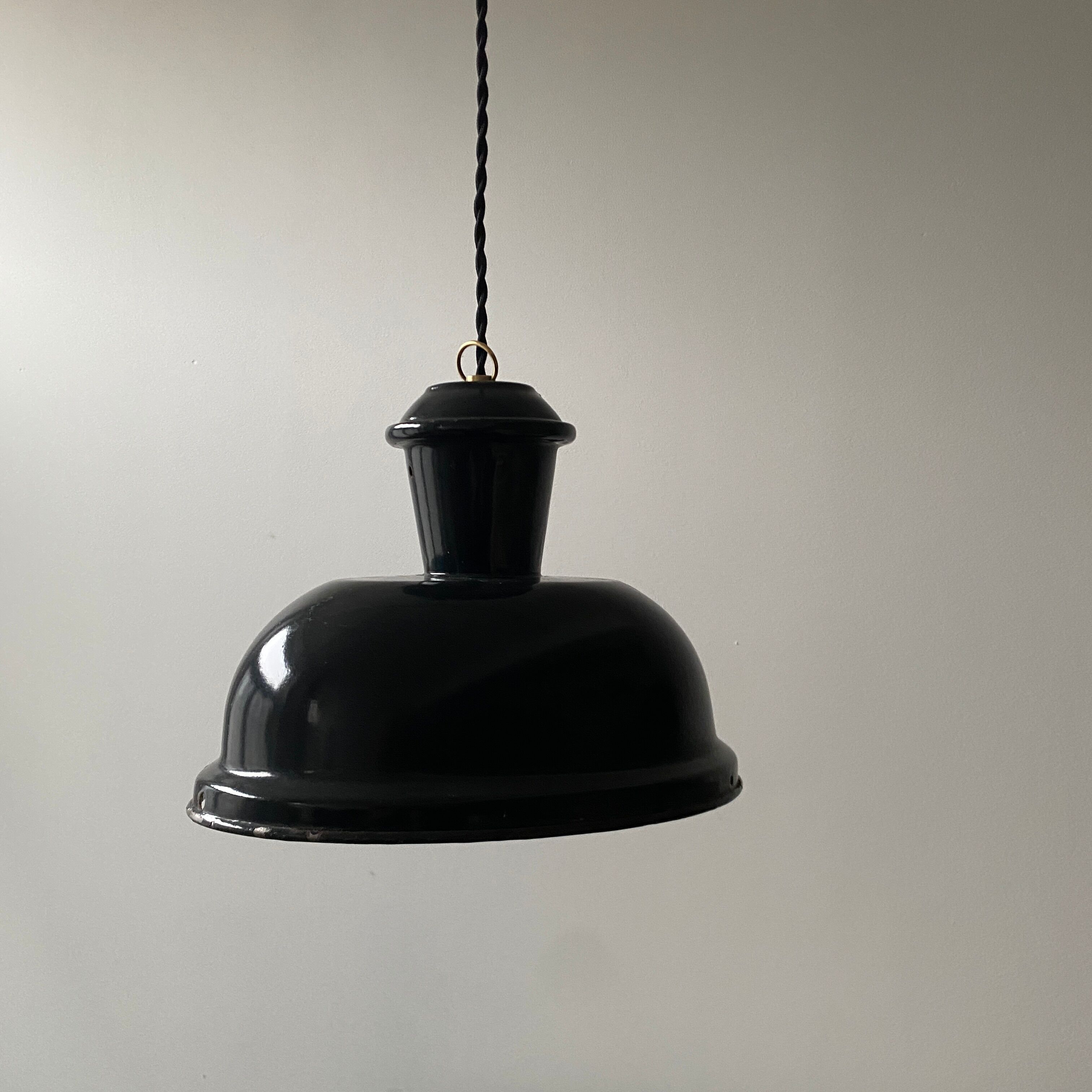 Old oval enamelled industrial hanging lamp