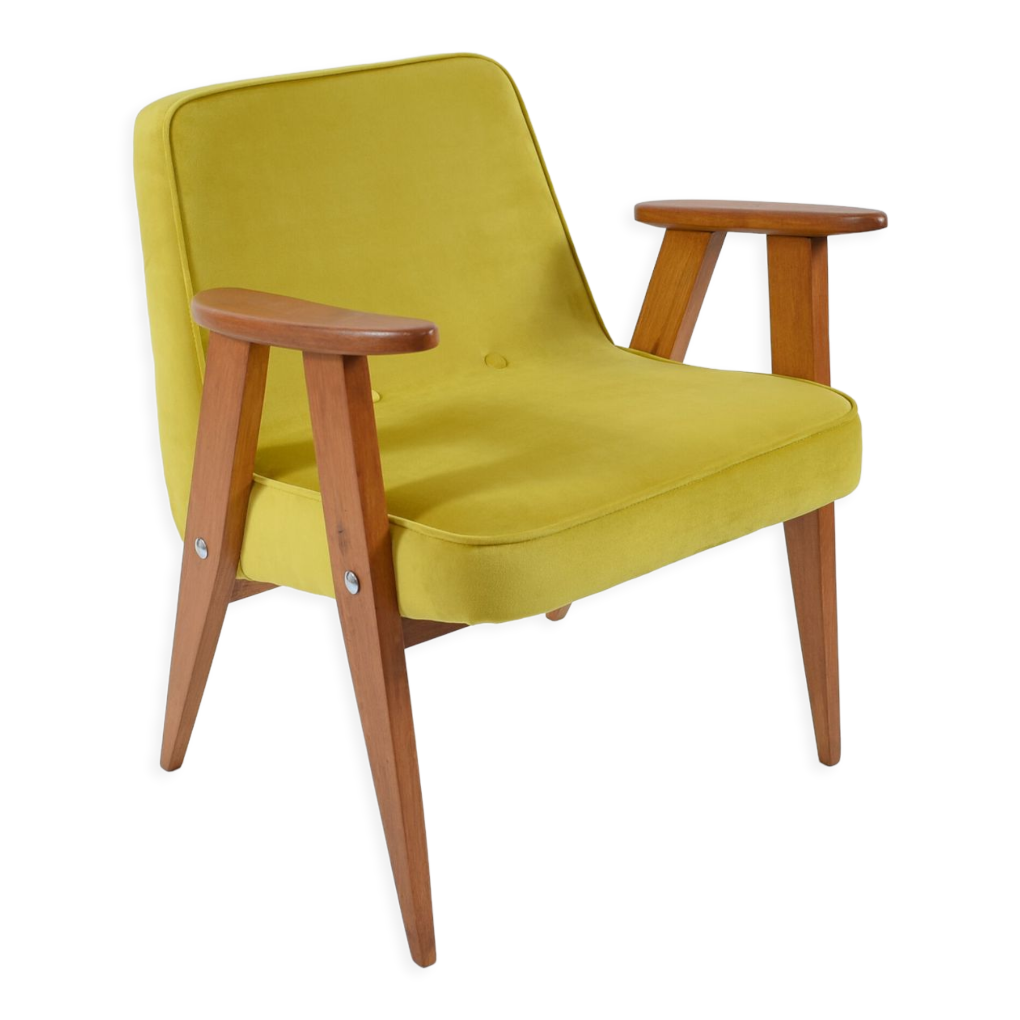 Resatored 366 armchair, designer J. Chierowski, 60s icon, yellow velvet