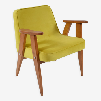 Resatored 366 armchair, designer J. Chierowski, 60s icon, yellow velvet