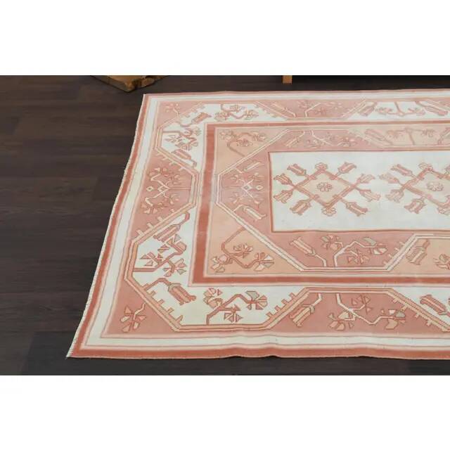 1970s Vintage Turkish Oushak Handmade Wool Cotton Pink Area Rug  168x220