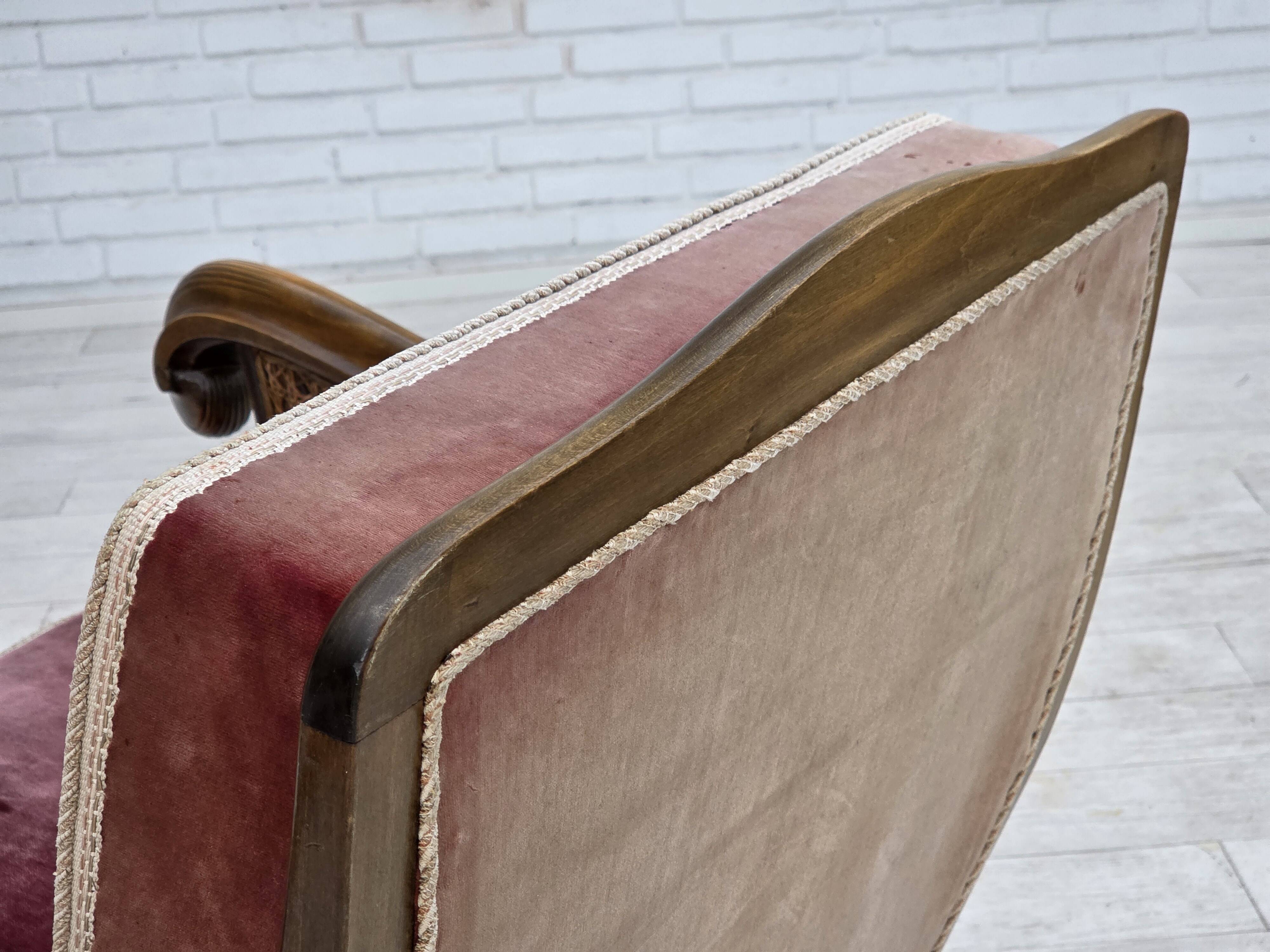 1940s, Danish armchair, woven wool, velour, mesh, carved oak wood.