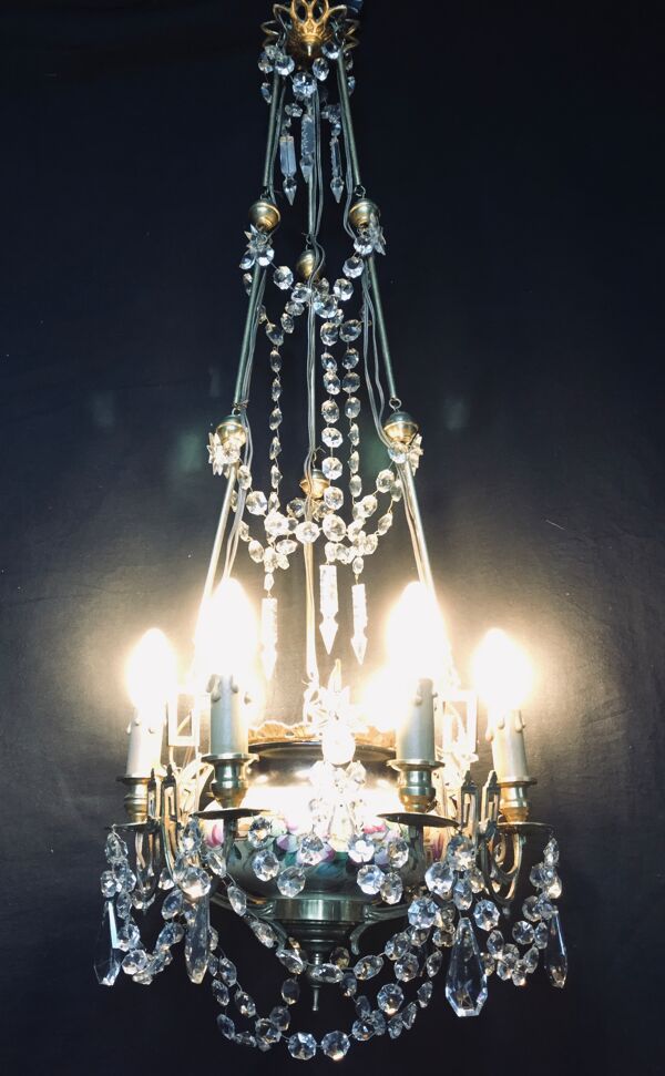 Lustre 6 lumières en cristal bronze et faïence