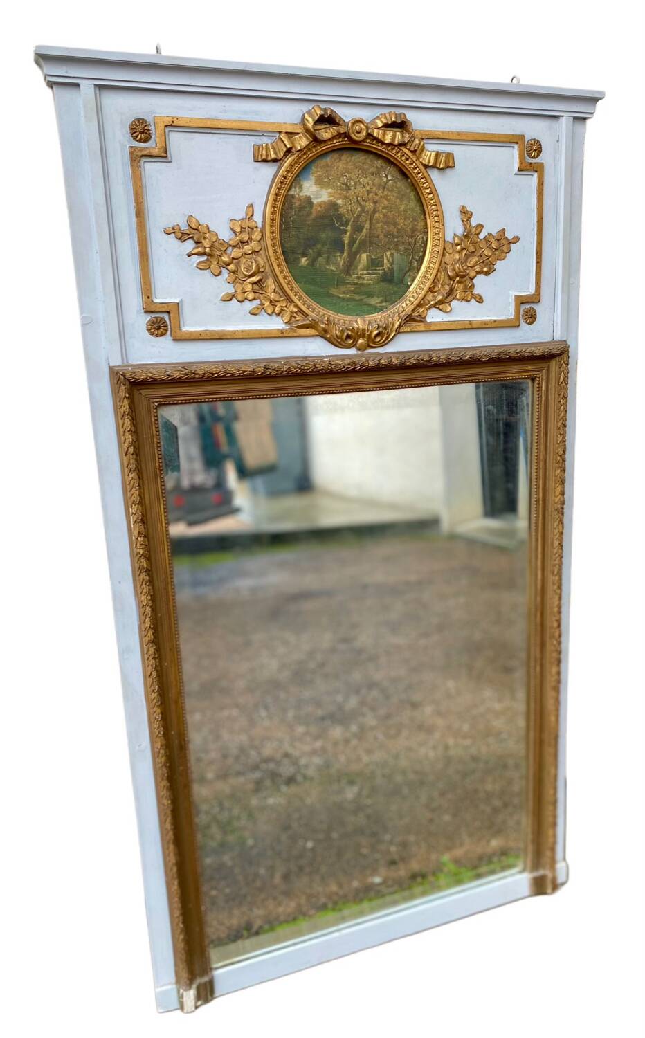 Trumeau mirror with oval decoration and wooden pediment 1920