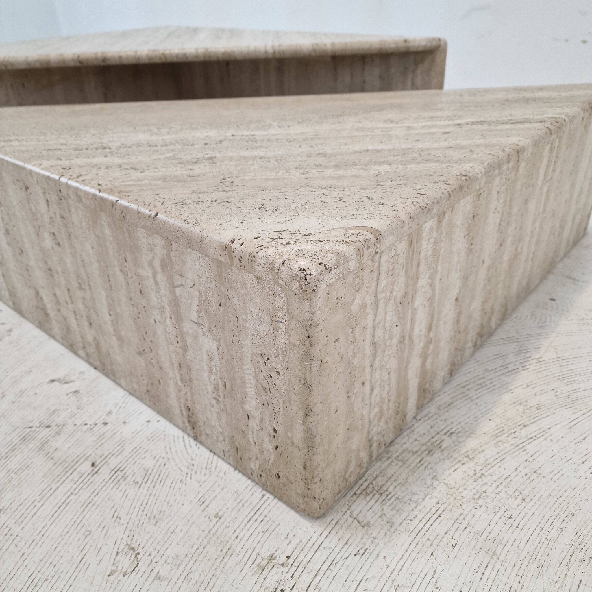 Set of Two Triangle Coffee Tables In Travertine By Up & Up, Italy 1980's