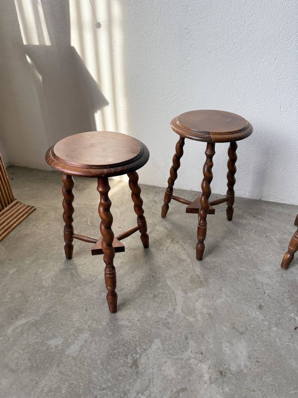 Set of 4 turned oak stools.