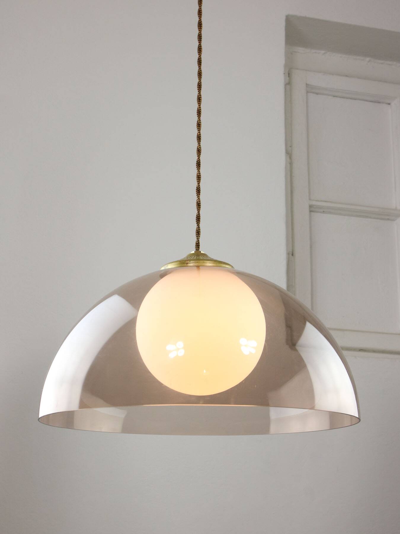 Space-age italian brass, opaline and plexiglass pendant lamp