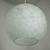 French suspended ceiling light in the shape of a white ball, Clichy 3336 glass shade.