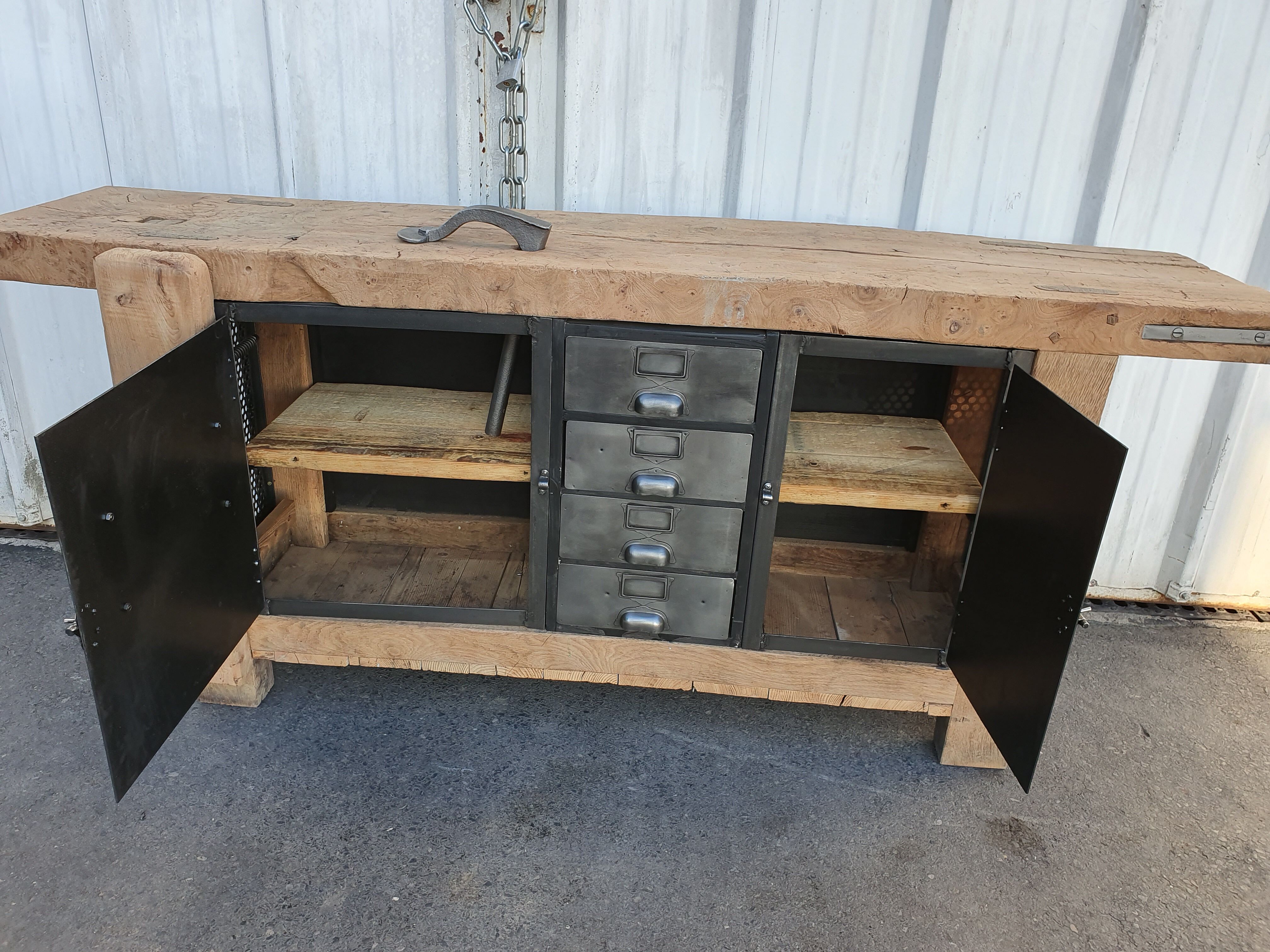 Large industrial workbench elm and metal 2 doors 4 drawers