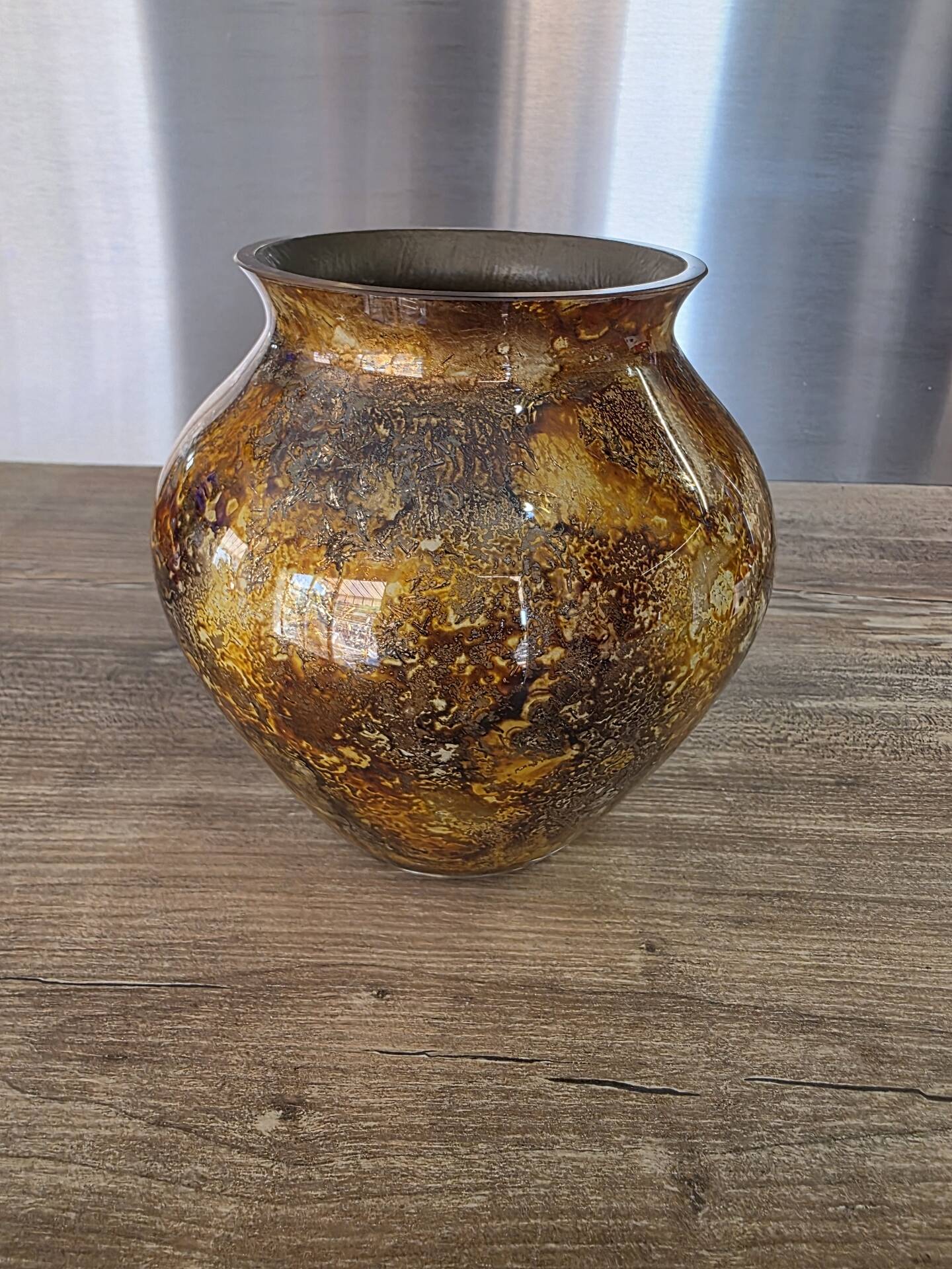 Vintage round vase Laque Line by Jean-Noël Bouillet Marbled golden tones