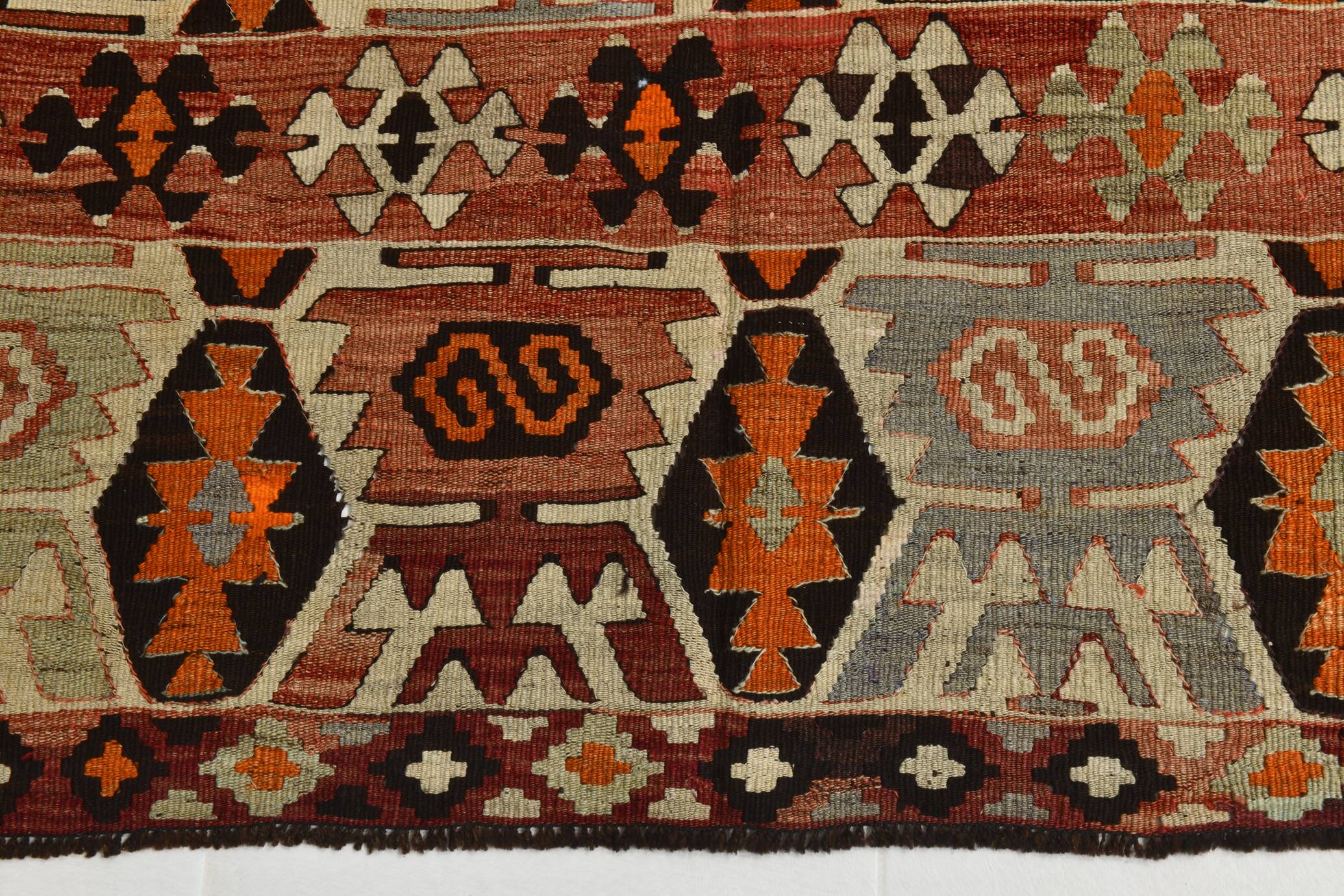 Light Green & Orange Tribal Turkish Kilim Rug, 141x305Cm
