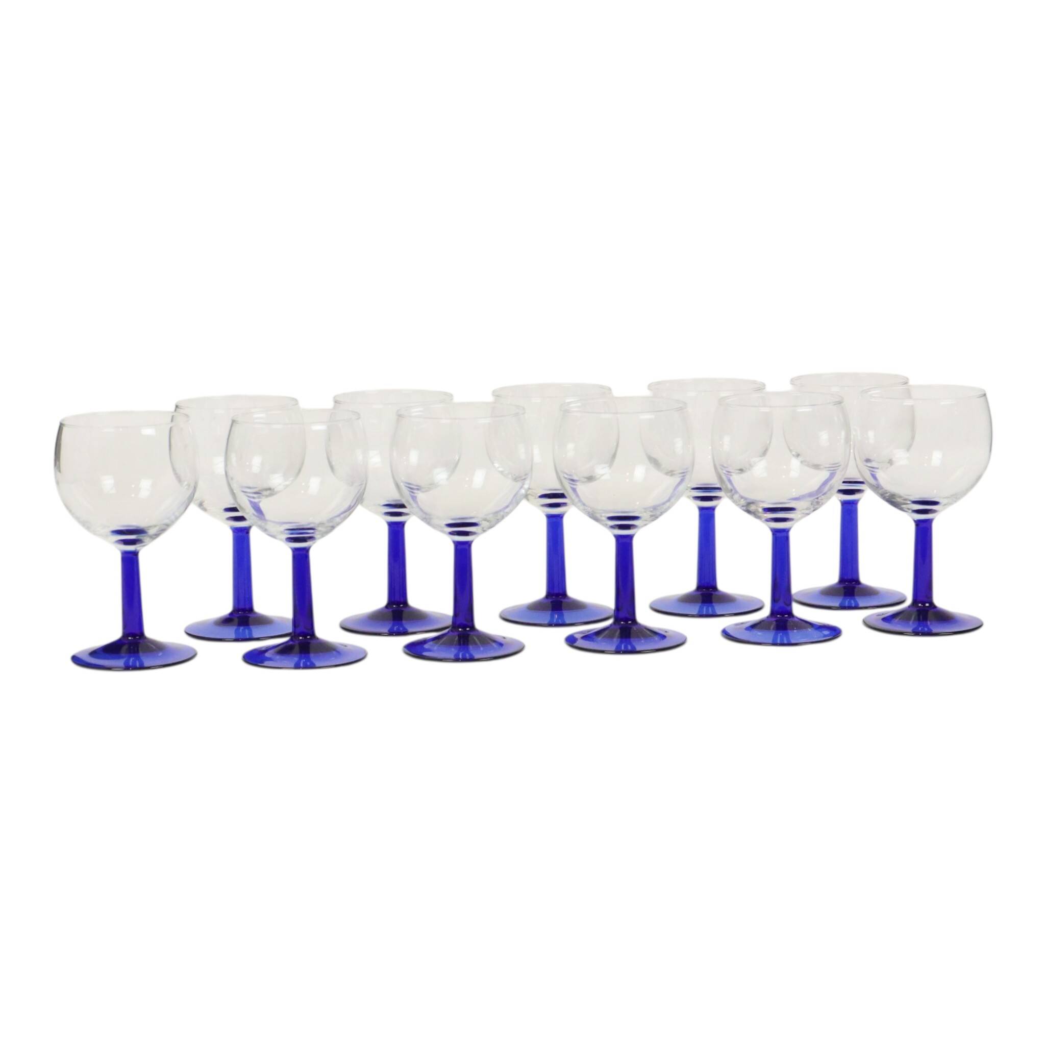 Set of Arcoroc Wine Glasses Cobalt Blue Base France 1980s