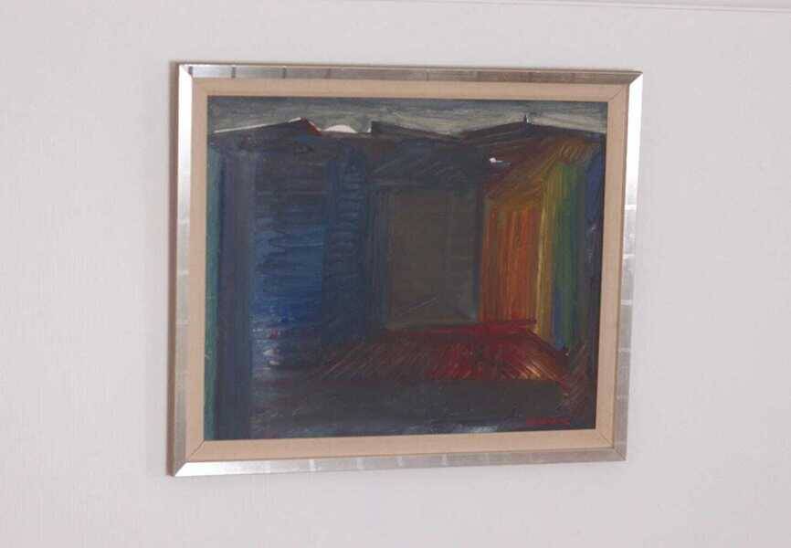 Original mid-century Swedish oil on panel – “City” by Tore Hultcrantz – vintage & framed – 74 × 62 cm (29.1" × 24.4")
