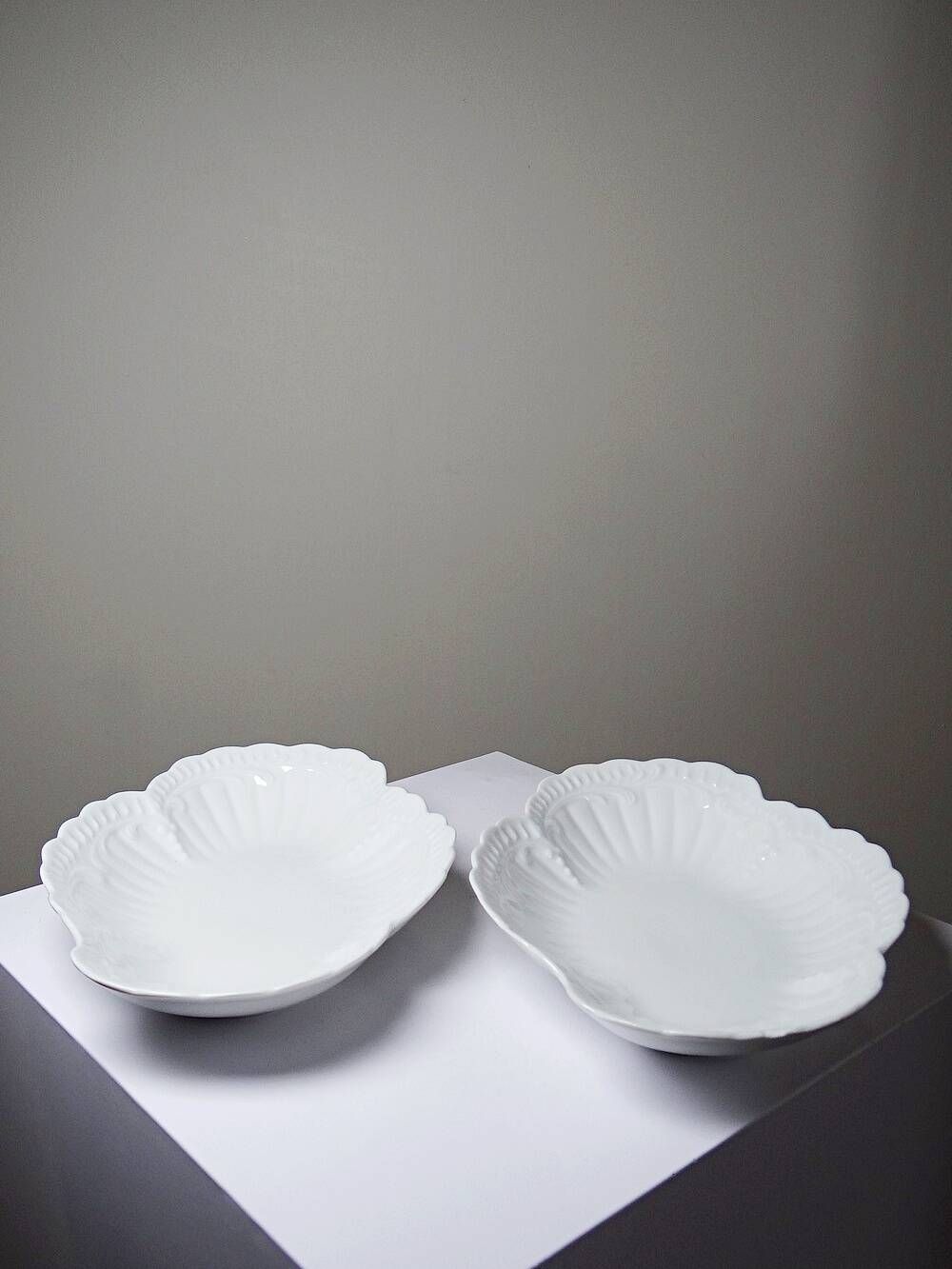 Vintage duo of Chastagner Limoges serving dishes, white rocaille porcelain.