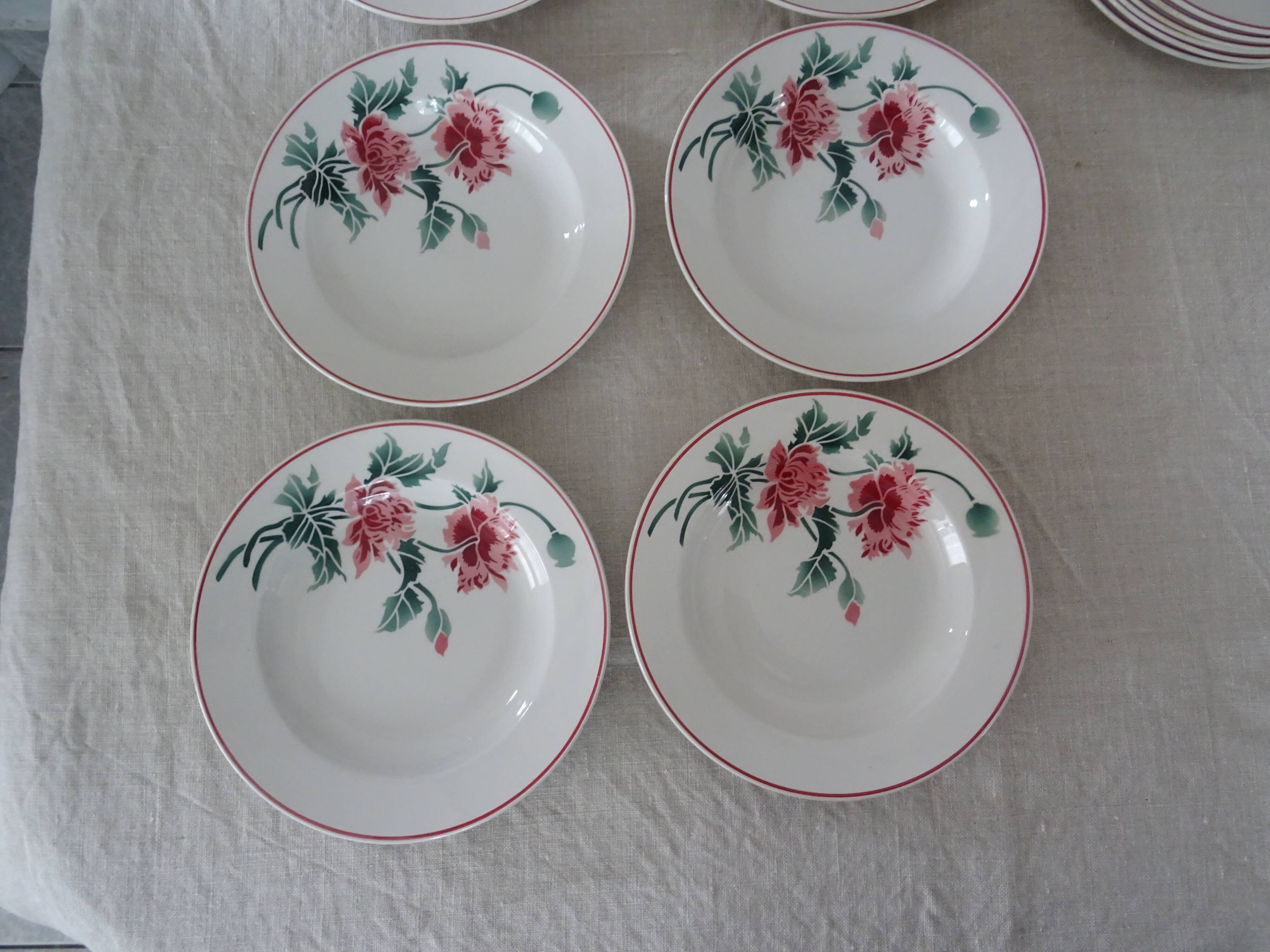 12 plates old flat and hollow HBCM Creil Montereau Luxeuil carnations