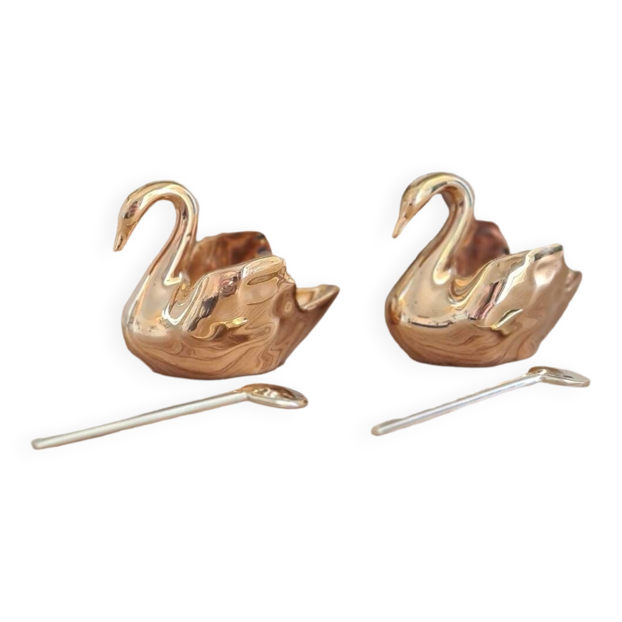 Duo of fine gold Limoges porcelain swan salt cellars