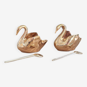 Duo of fine gold Limoges porcelain swan salt cellars