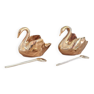 Duo of fine gold Limoges porcelain swan salt cellars