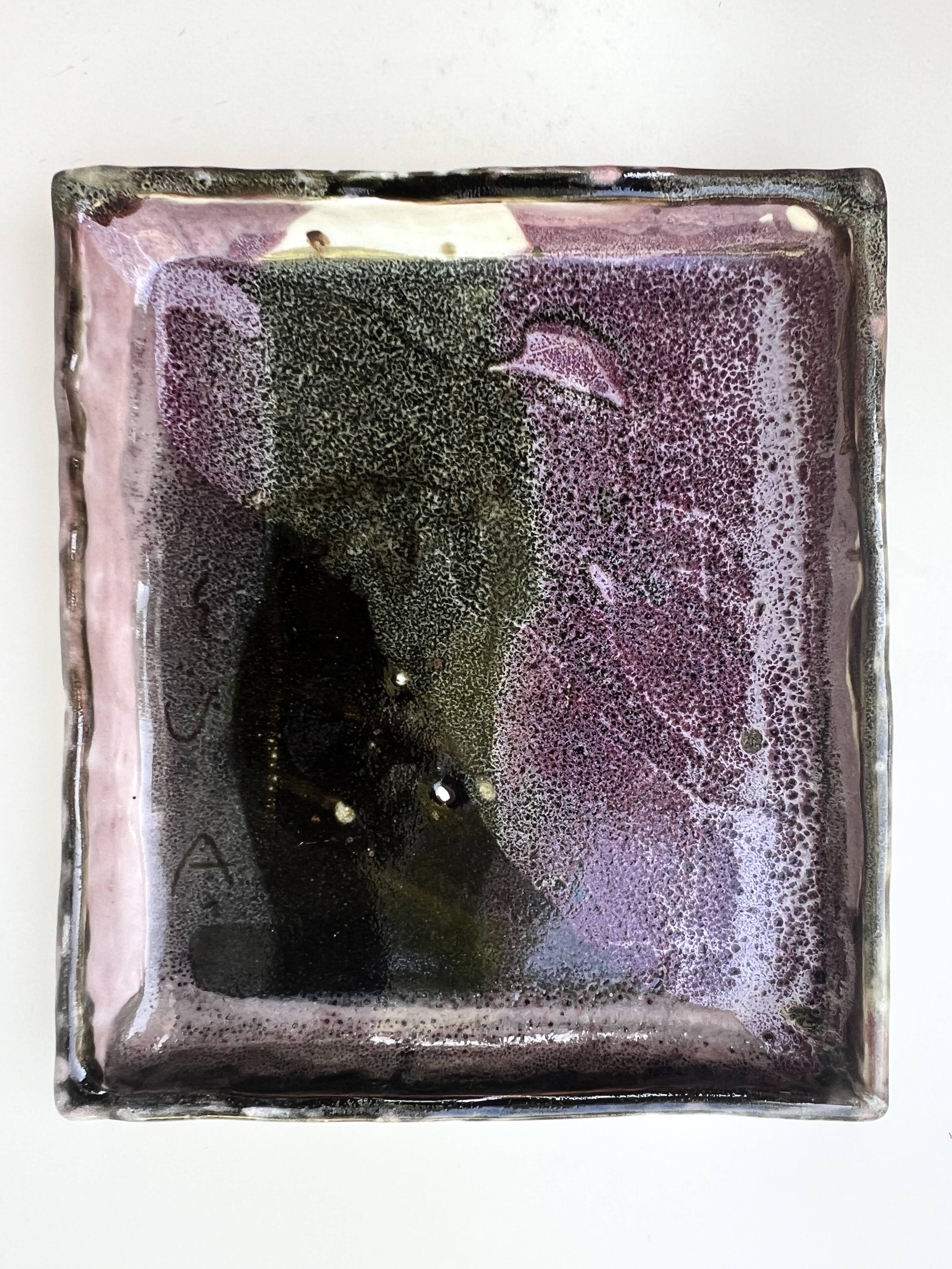 Plat / vide poche gres blanc chamoté & émaillé, pièce d'atelier signée 1970
