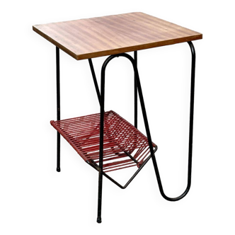 Pedestal table from the 70s, metal base and mahogany top