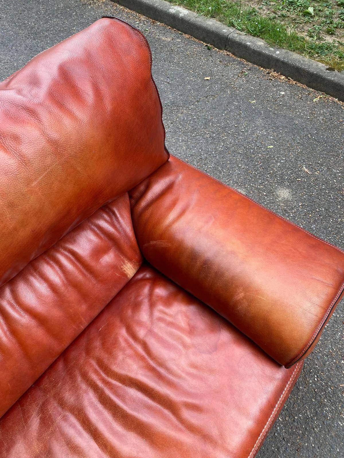 3-seater burgundy leather sofa convertible into a 2-seater bed 1940