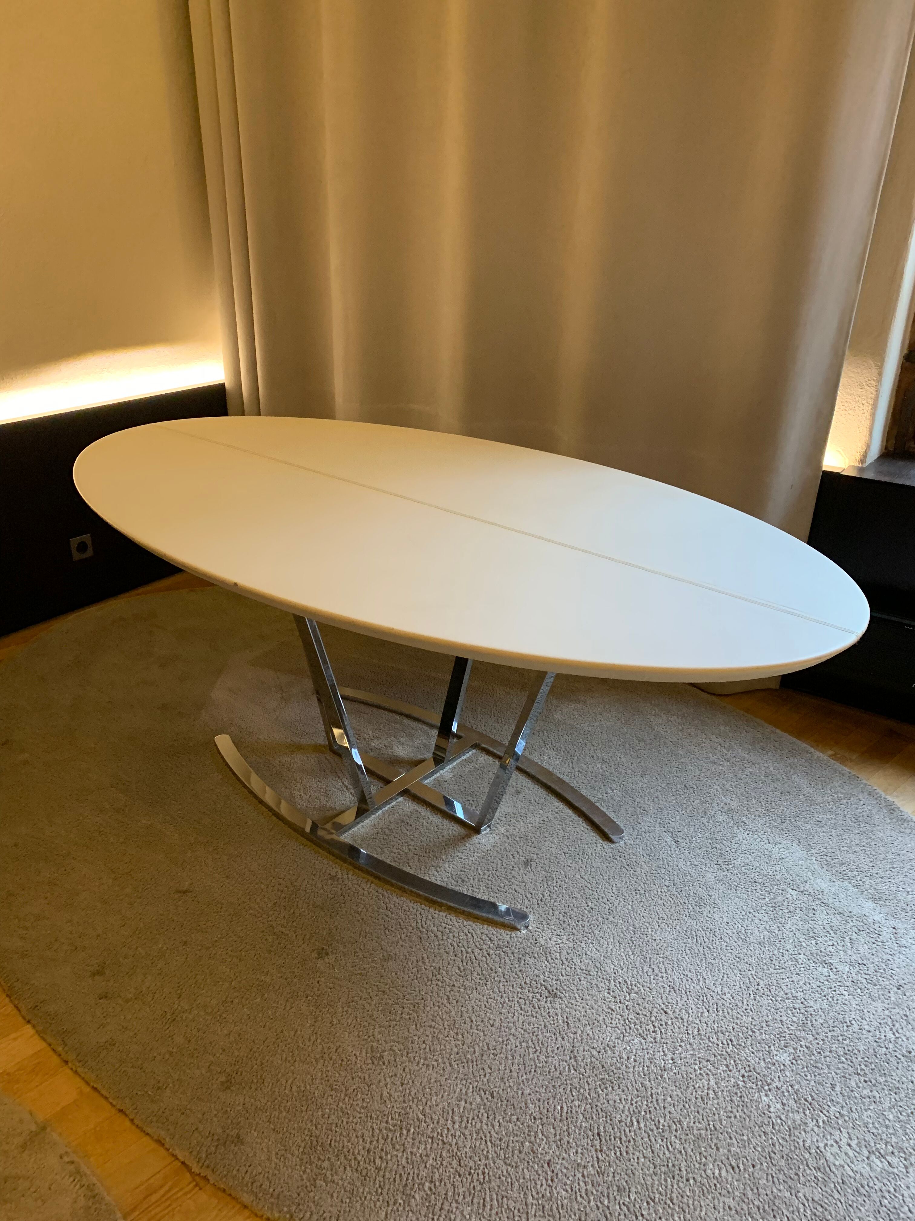 Oval tables white leather and stainless steel matrix with central stitching