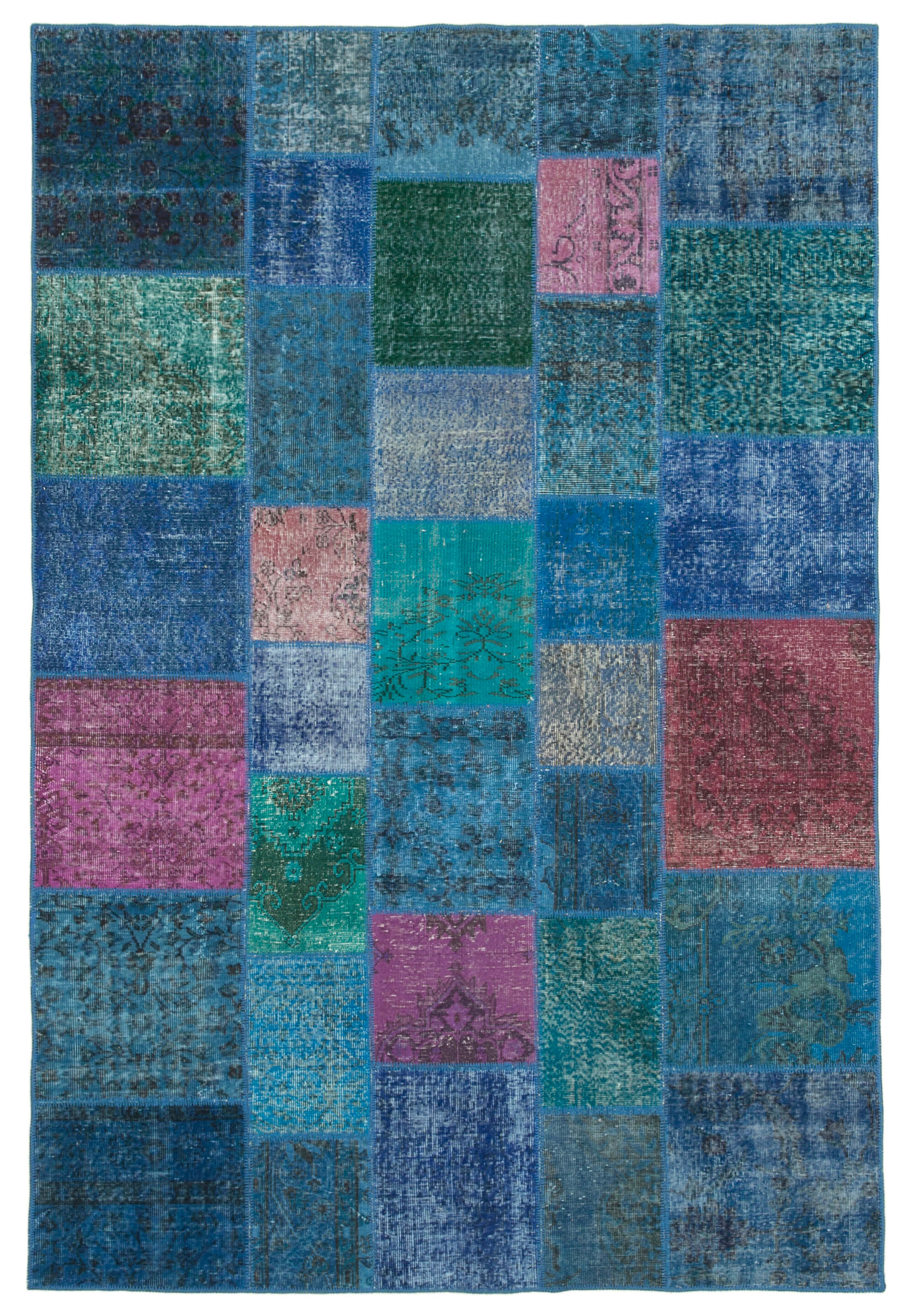 Handmade turkish overdyed 205 cm x 300 cm blue patchwork rug