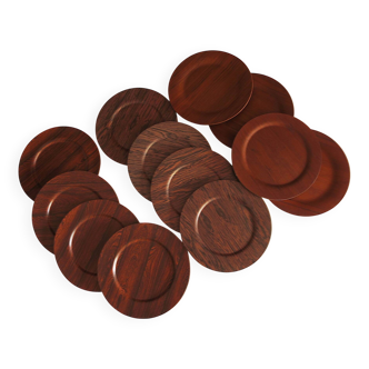 Set of 12 plywood rosewood and teak plates by Morsbak, Denmark 1960s