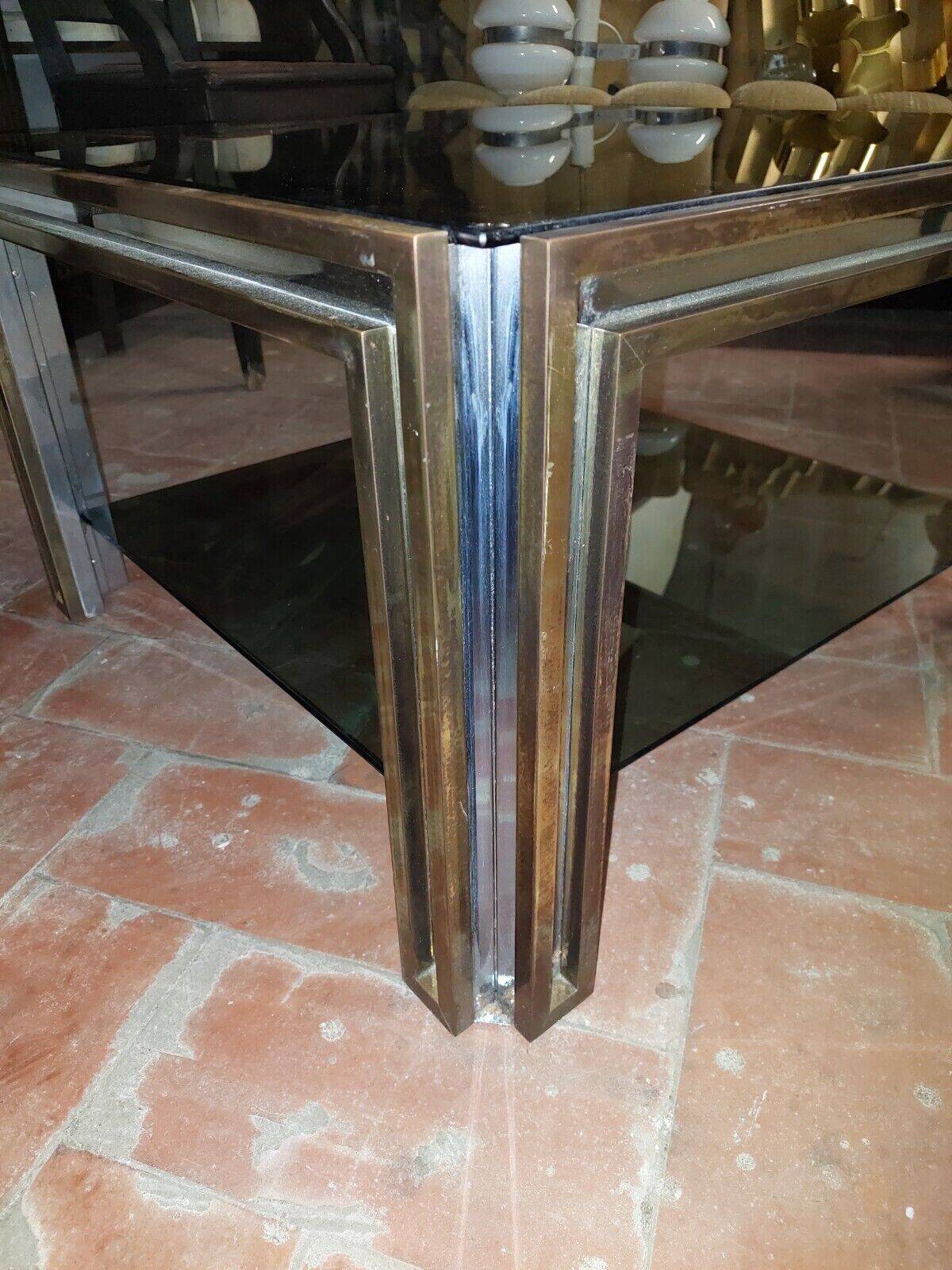 Smoked coffee table, brass, chromed metal, glass, 70s