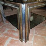 Smoked coffee table, brass, chromed metal, glass, 70s