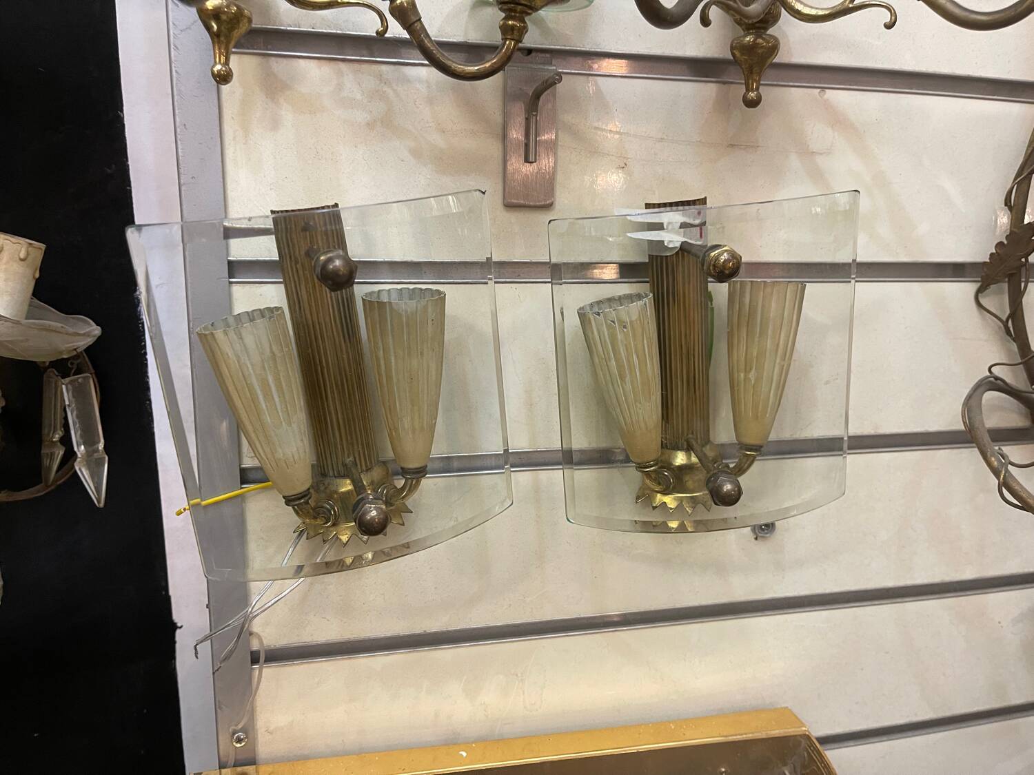 Brass Glass Sconces in a Fontana Arte  style