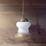 Vanilla caramel ruffled tulip portable lamp, linen cord