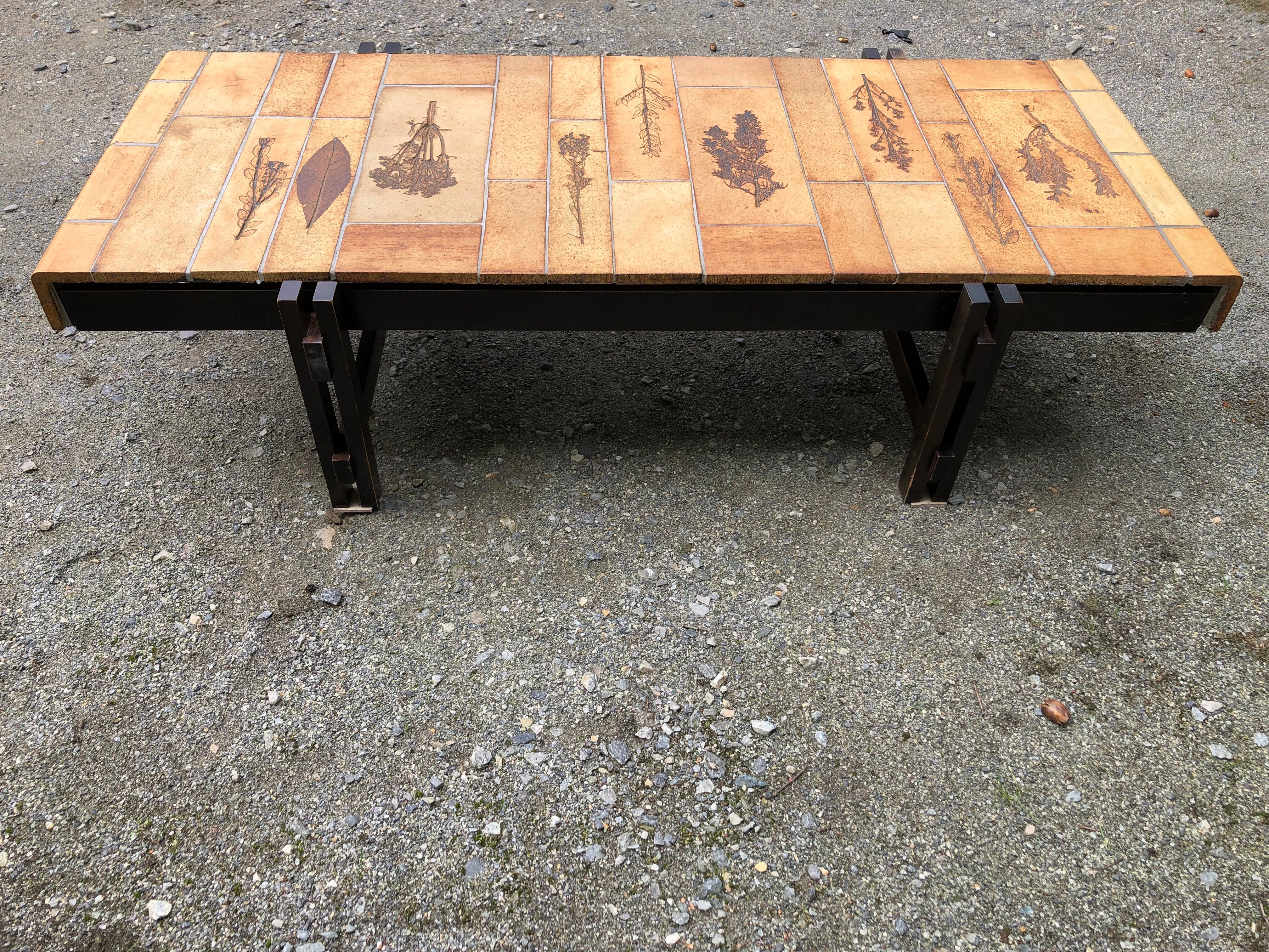Vintage ceramic coffee table decorated with herbarium decoration Roger Capron