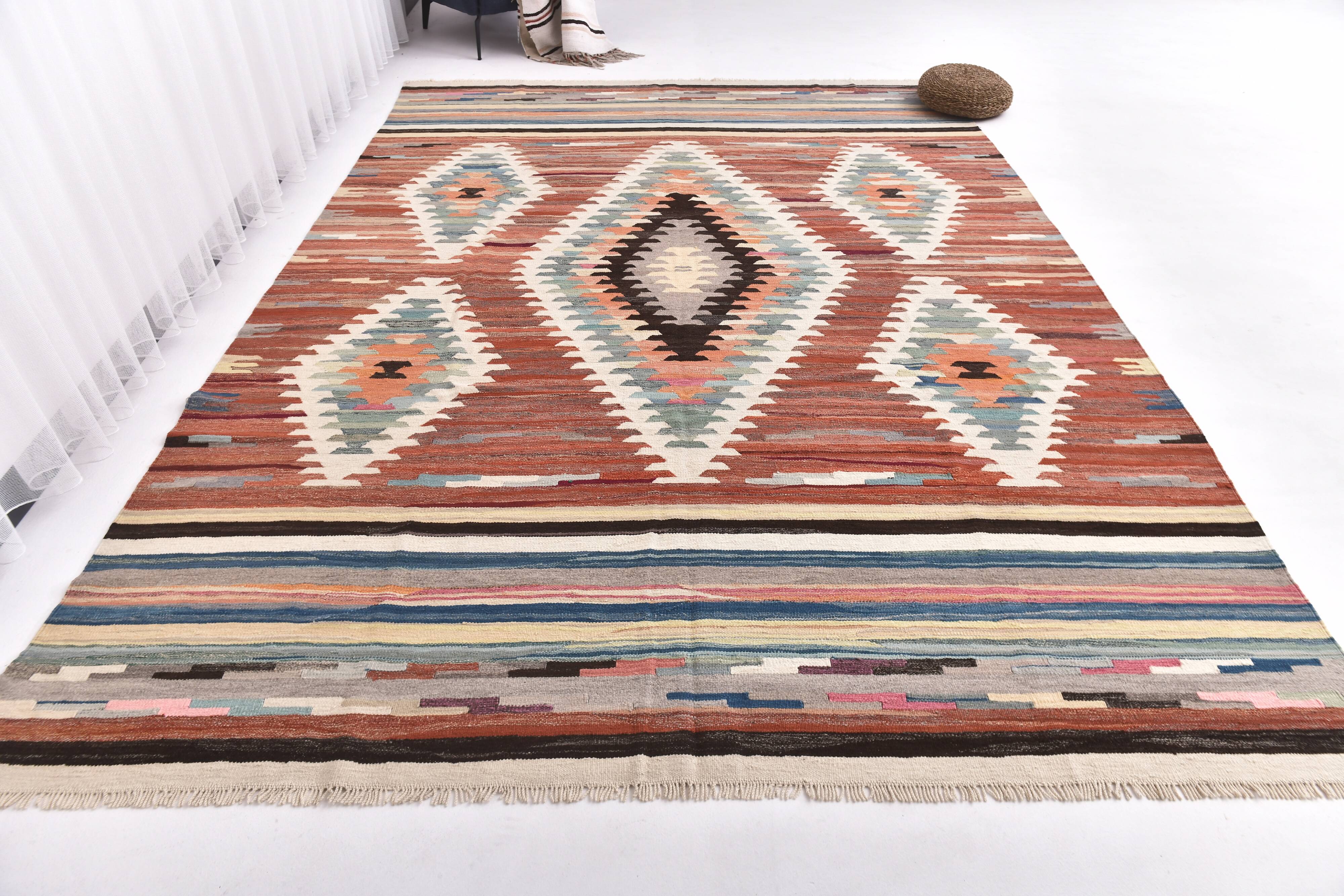 Large Woll Kilim Rug, Red Vintage Turkish kilim carpet 260x360 cm