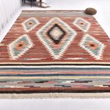 Large Woll Kilim Rug, Red Vintage Turkish kilim carpet 260x360 cm