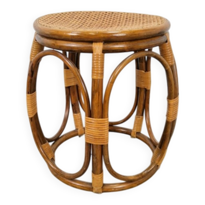 Tabouret rond en bois cintré et en osier, années 1970