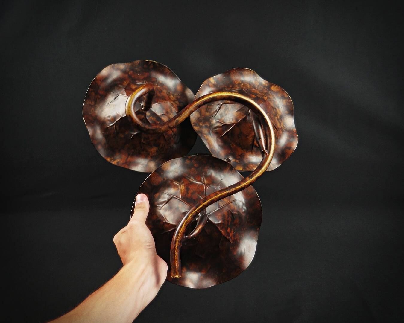 Three-tiered lotus leaf shaped patinated metal bird bath